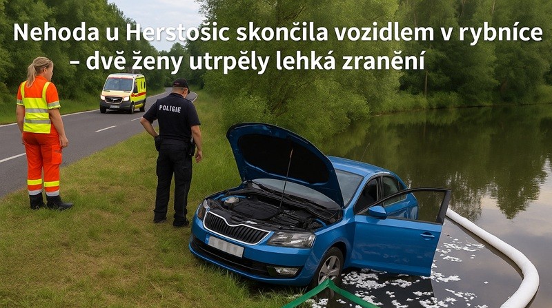 Po nehodě u Herstošic skončilo jedno vozidlo v rybníku