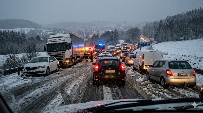 Sněžení v Karlovarském kraji komplikuje dopravu, především na Karlovarsku 